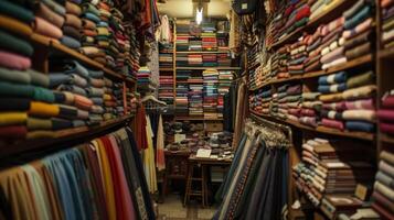 The inside of a tailors shop reveals a dizzying array of measuring tapes scissors and fabric swatches all meticulously organized and ready for use. photo
