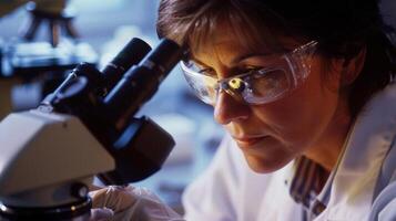 In a laboratory setting a scientist carefully examines a soil sample under a microscope searching for signs of contamination. She wears a lab coat and protective goggles as she works photo