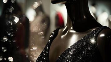 An image of a mannequin sporting a sleek and modern evening gown its elegant silhouette and shimmering sequin design catching the light in all the right places. photo