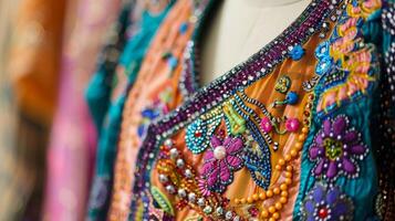 A photo capturing a colorful and vibrant bohemian dress design on a tailors mannequin expertly crafted with intricate embroidery and beading perfect for an outdoor summer event.