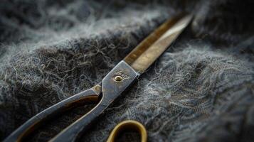 A macro shot of a tailors scissors effortlessly gliding through the texture of a thick wool fabric capturing the precision and artistry of their craft. photo