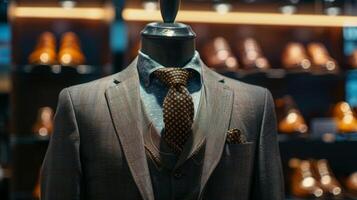 A portrait of a mannequin dressed in a sharp tailored suit design accessorized with a patterned tie and polished leather shoes exuding a professional and refined aesthetic. photo