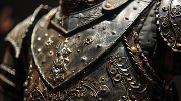 A closeup shot of a detailed medieval knight armor design on a tailors mannequin complete with leather ss and metal plating evoking a sense of strength and regality. photo