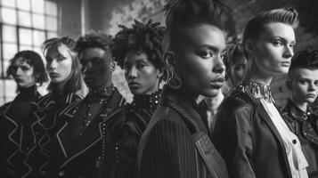 A group of models line up in an industrial setting showcasing a collection of edgy and modern designs created by a master tailor. Each outfit exudes a sense of confidence and photo