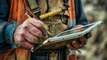 A closeup of a surveyors hands holding a set of intricate surveying tools and a tablet computer. The hands are weathered and calloused from years of working in the field highlighting photo
