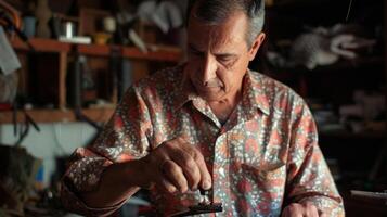 In the corner of the workshop a tailor uses a tiny iron to delicately press intricate details onto a finished garment while shelves behind him display an array of scissors needles photo