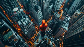 In a hidden corner of the city a solitary figure stands atop a tall building surveying the sprawling metropolis below. Armed with a hightech surveying tool they meticulously record photo