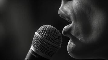 The profile of a translators face their lips pressed against a microphone as they quietly speak words of interpretation to their audience. photo