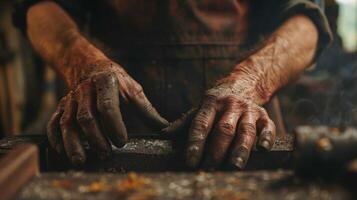The hands of a blacksmith marked by a lifetime of hard work and dedication in creating beautiful and functional objects out of raw materials. photo