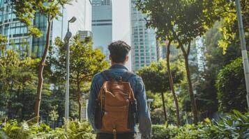 A young man with a backpack walks down a pedestrian street lined with green spaces and solarpowered streetlights. He looks up at the highrise buildings with a sense of admiration and photo