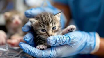 A veterinarians hands gently cradle a newborn kitten examining its tiny body for signs of health. In the background other vets can be seen tending to various animals showcasing the photo