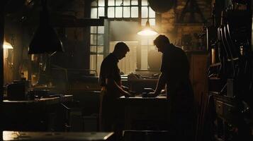 In a dimly lit shop an apprentice learns the trade from an experienced blacksmith passing on the techniques and traditions of Old World craftsmanship. photo