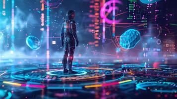 A vibrant and colorful image of a mix of human and robot figures each representing a different aspect of data ysis. In the foreground a superherolike character stands confidently photo