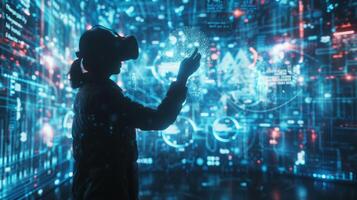 A data yst standing in front of a wallsized screen lost in thought as they navigate through a visually stunning virtual world filled with data and information. In one hand they hold photo