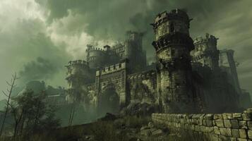 With a sense of reverence and awe the historian gazes up at the towering weathered ruins of a longforgotten castle keen on uncovering the secrets and stories that lie within its ancient photo