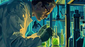 un científico en un laboratorio ajuste mirando dentro un prueba tubo lleno con un brillante verde líquido. el laboratorio es lleno con vasos de precipitados medición herramientas y viales creando un caótico aún organizado foto