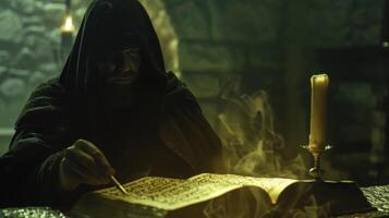 In a dimly lit room a cloaked figure studies a tome filled with mysterious symbols and foreign words. The word wizards eyes glow with concentration as they decode the text translating photo