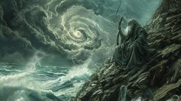 An old sage sits atop a rocky cliff surrounded by crashing waves and a spiraling hurricane his face weathered but his mind sharp as he predicts the forecast with his trusty staff. photo