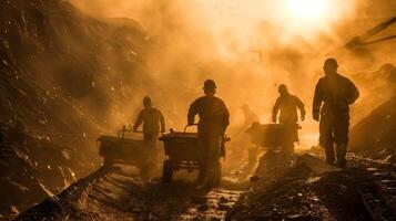 The first rays of dawn peek through the dustfilled air of the mine casting a hazy light on a group of miners hauling heavy carts of ore. The muscles in their arms with effort as they photo