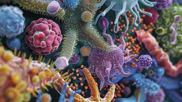 A microscope view of different microscopic organisms highlighting the intricate connection between our digestive system and the foods we consume. photo