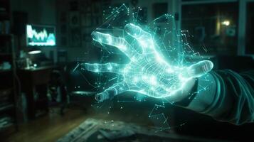 Against a dark background a glowing wireframe prototype of a virtual world floats in the air controlled by a developers hand movements. The room is filled with the soft hum of technology photo