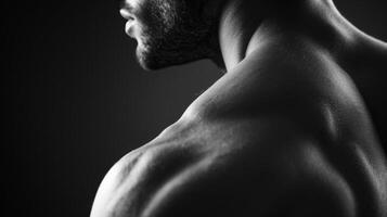 The sharp lines of the shoulders are illuminated by the soft spotlight bringing out the sculpted beauty of the muscles. photo