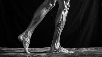 With each step the sinewy muscles of the legs flex and contract casting intricate patterns of light and shadow on the skin. photo