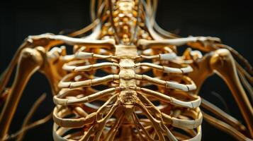 The intricate details of the ribcage and chest muscles are showcased in the varying shades of light and shadow revealing the human bodys complexity. photo
