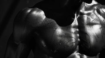 The play of shadows on the toned stomach muscles display the strength and dedication of the athlete. photo