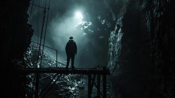 Standing on a rickety platform a lone figure gazes into the seemingly endless abyss of the mine. The faint light of their headlamp ly illuminates the rough walls and tered tools adding photo