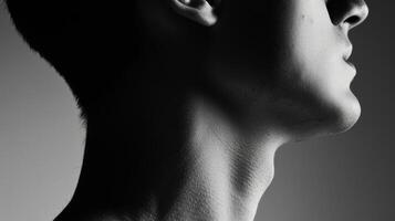 The curve of a neck is traced by a thin sliver of light casting a shadow against the soft skin and accentuating the hidden contours of the body. photo