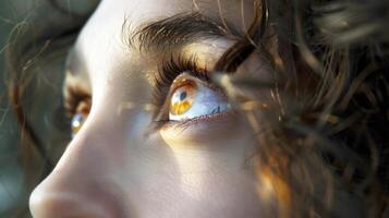 un mujeres cara luces arriba con admiración y el respeto su ojos lleno de adoración. foto