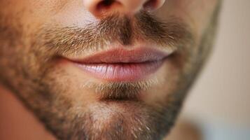 A mans face turns from irritation to amut his lips curling into a small smile. photo
