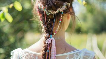 A single braid adorned with beads and ribbons adds a touch of whimsy to the hair. photo