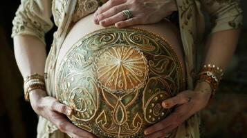 The intricate patterns of s on a pregnant belly a celebration of the miracle of life and its ability to sustain and nurture. photo