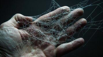 The s on the back of a hand resembling a delicate web signifying the interconnectedness of all living beings. photo