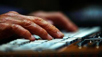 A typists fingers glide effortlessly across a keyboard typing with speed and accuracy like a virtuoso dancer on stage. photo