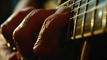 The tips of a guitarists fingers glide effortlessly over the strings creating a symphony of sound. photo