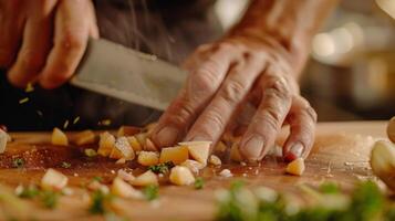 A chefs capable hands chop dice and slice ingredients with ease just like a skilled dancer moves seamlessly across the stage. photo