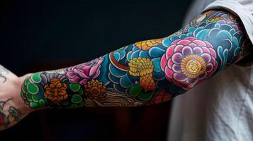 A vibrant psychedelic halfsleeve tattoo mesmerizes onlookers with its intricate patterns and splash of color. photo