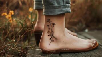 Their ankle is adorned with a dainty delicate flower tattoo adding a touch of femininity to their otherwise edgy collection. photo