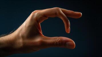 A thumb and pinky finger pressing together to form a nearperfect circle creating a geometric frame for the palm of the hand. photo