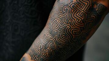 The skin above their elbow features an abstract artinspired tattoo showcasing the intricate lines and shapes that are possible with ink. photo