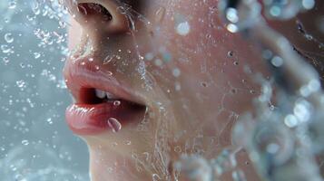 Her chin is adorned with a mini pool of water droplets giving her an ethereal glow. photo