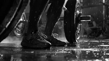 The chiseled muscles of a weightlifters legs as they squat beneath a heavy barbell. photo