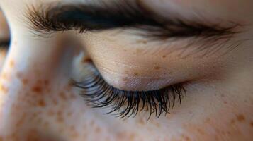 The closed eyelashes rest upon the adding to the overall tranquil vibe of the photo. photo