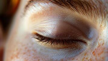 In this closeup shot we see the eyelids gently shut as if protecting the mind from external distractions. photo