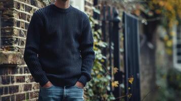 The shoulders are relaxed and the body is leaning slightly back demonstrating a laidback and easygoing attitude. photo