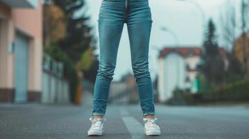 A person stands with their legs apart and their hands on their hips projecting an air of dominance and power. photo