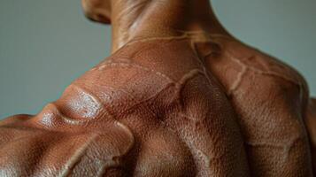 The shoulders are pulled back and the chest is pushed out displaying a strong and confident demeanor. photo